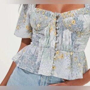 Astr Floral Print Blouse in Blue and Yellow